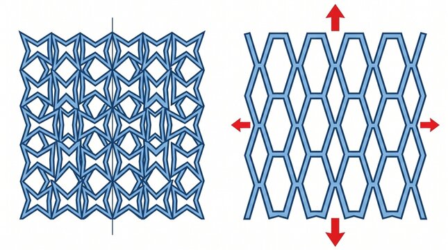 Auxetic structure expanding geometric lattice diagram showing mechanical material deformation