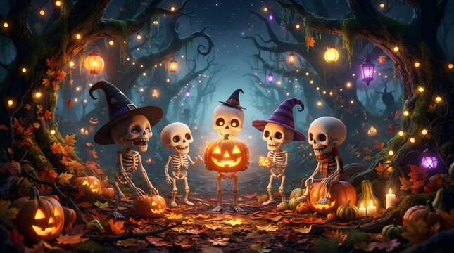 Cute cartoon skeletons celebrating halloween in a magical forest