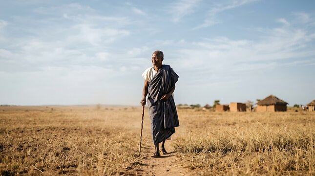 Elderly african man in traditional attire walking across a dry field