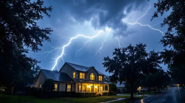 A dramatic lightning strike over a spooky house at night wishing everyone a very happy halloween celebration