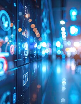 Futuristic digital interface displaying abstract icons and data visualizations in a blue and bokeh light setting.