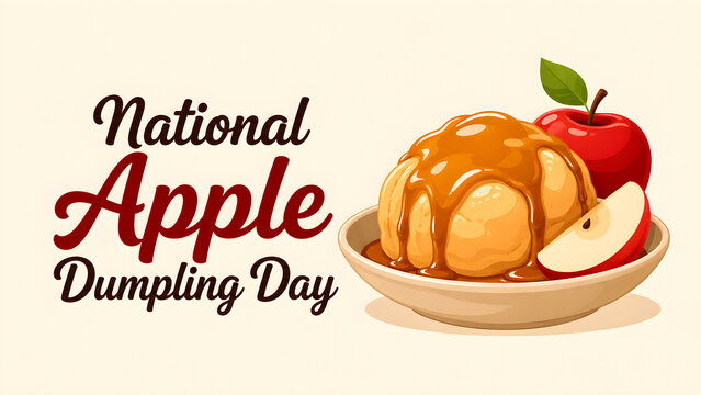 National Apple Dumpling Day celebration poster with a delicious illustration of a baked apple dumpling.