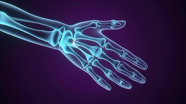 Blue skeletal hand animation with detailed bones and joints. 4K Video