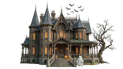 Fototapeta premium Old haunted house with glowing windows for halloween isolated on transparent background