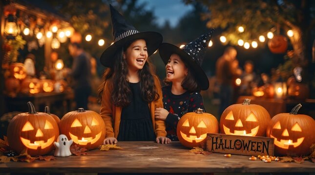 Two happy girls in witch hats with pumpkins at a halloween party