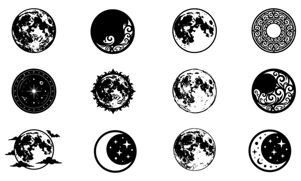 Set of sixteen diverse weather and moon phase icons