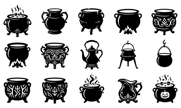 Black and white cute monster icons set