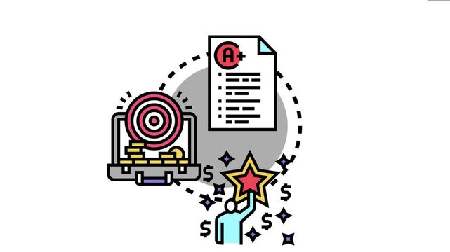Person reaching for a star, symbolizing achievement and success, with a grade report showing excellent results and a briefcase full of money and a target, representing goals and financial prosperity