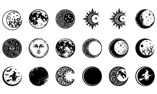 Set of moon phase icons in black and white