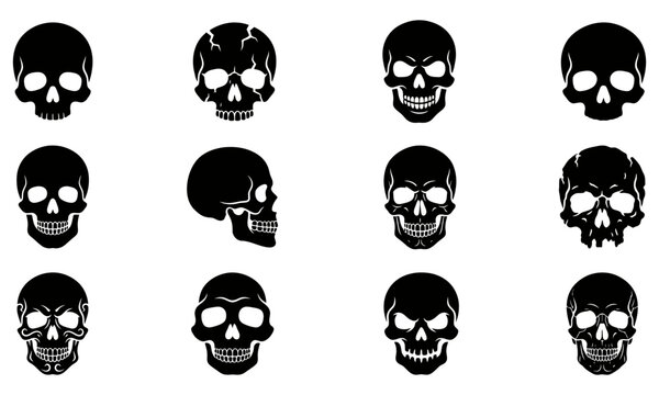 Collection of black skull icons with different expressions