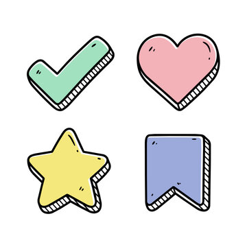 Four cute hand-drawn 3D doodle icons in bright pastel colors: checkmark, heart, star, and bookmark on white. Ideal for playful UI, kids' education, or creative design projects.