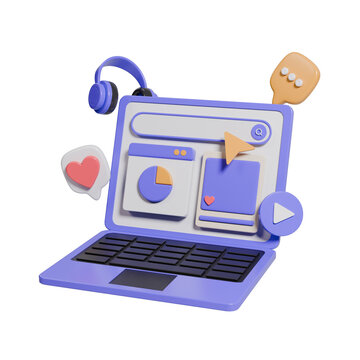 3D Render of a Laptop Computer Technology Concept with Report, Pointer, Social Media, Multimedia, and Notification Icons