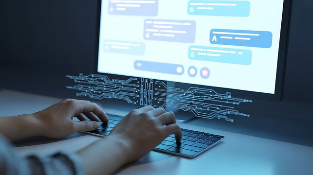Man typing on laptop with chatbot interface on screen in office setting with blurred background