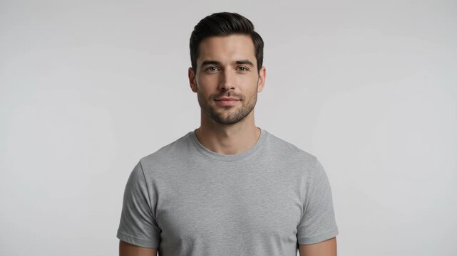 Young handsome man moves his head right and left on white background