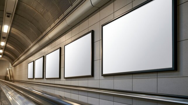 Blank billboards on a moving walkway in a modern subway station, perfect for advertising