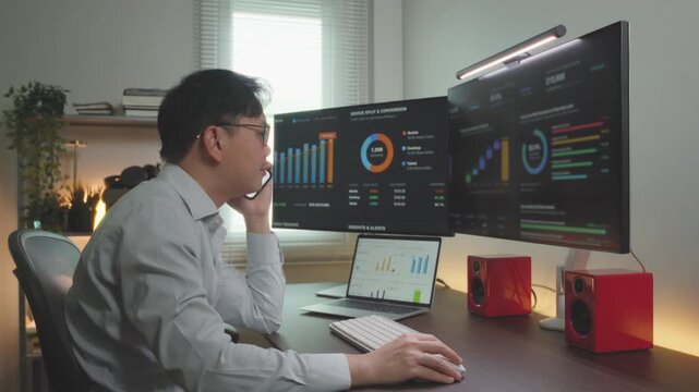 Asian Financial Analyst Having Business Call While Analyzing Data Charts on Computer.