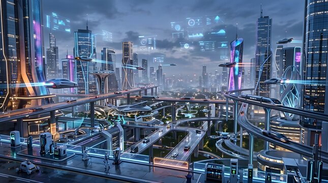 Futuristic smart city skyline at night with flying vehicles and glowing holographic displays