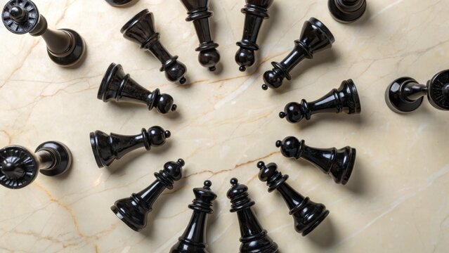 Black Marble Chess Pieces Arranged in a Circle on a Marble Surface