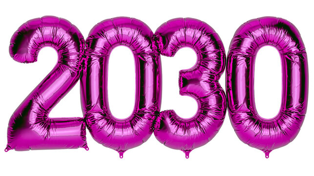 Shiny magenta number balloons spelling 2030, isolated on transparent background