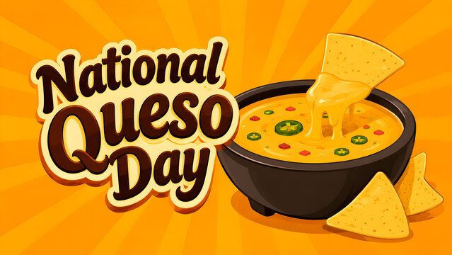 National Queso Day celebration graphic with a bowl of melted cheese dip and tortilla chips.