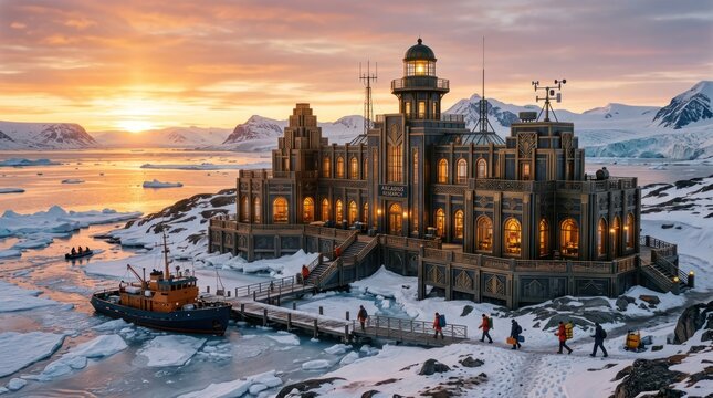 Arctic research outpost with lighthouse at sunset