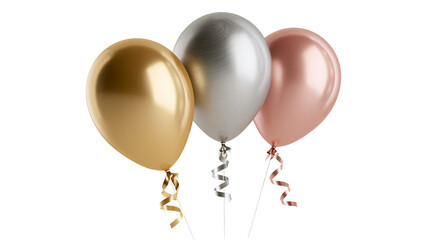 Three metallic balloons gold silver and rose gold, with curling ribbons isolated on transparent background © Mira
