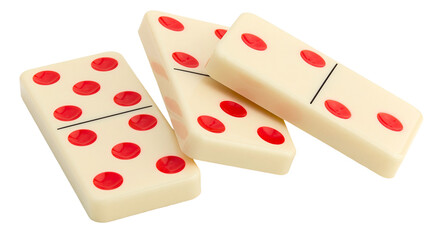Three ivory dominoes with red dots and black dividing lines, isolated on transparent background © Mira