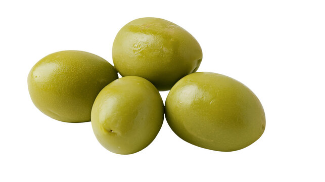 Four plump green olives smooth and shiny, isolated on transparent background