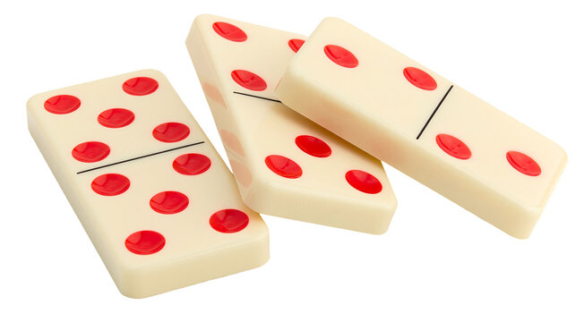Three ivory dominoes with red dots and black dividing lines, isolated on transparent background
