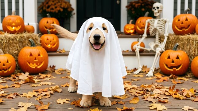 A cute golden retriever dog wearing a ghost costume for a fun and festive happy halloween celebration