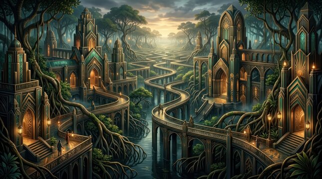 Enchanted forest castle with winding pathways and glowing lights