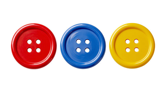 Three colorful round buttons red blue and yellow, isolated on transparent background