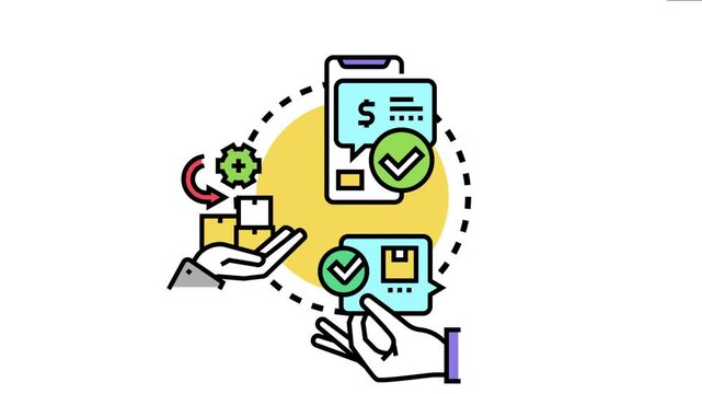 Digital transaction process a mobile application receiving financial confirmation, linking goods delivery and successful order fulfillment between vendor and customer