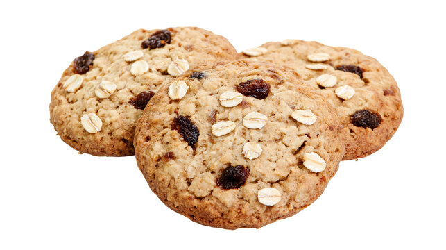 Golden brown oatmeal raisin cookies with visible oats and raisins, isolated on transparent background