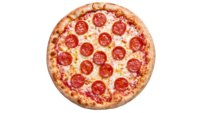 Whole pepperoni pizza with melted cheese and tomato sauce, isolated on transparent background