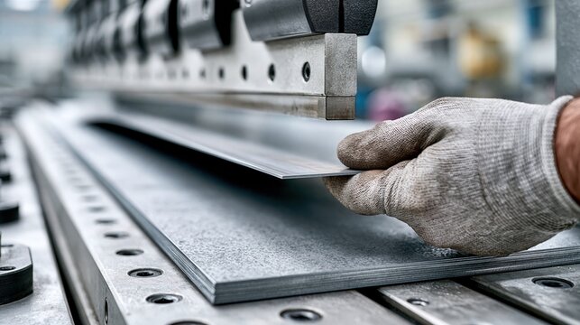 Skilled worker's gloved hand precisely bends sheet metal using an industrial press brake machine in a factory setting