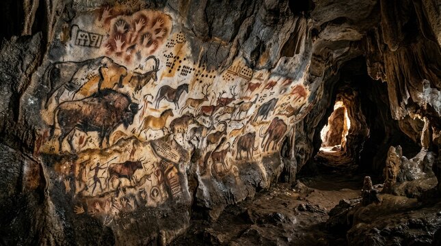 Ancient cave paintings depicting animals on rock wall