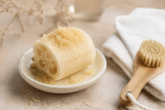 Natural loofah sponge with sugar scrub on ceramic dish, spa and skincare concept