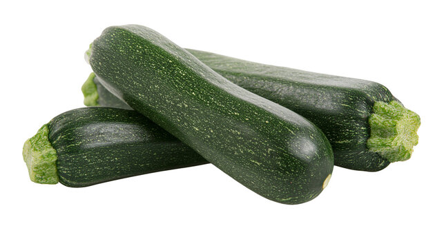 Three dark green zucchini with light speckles, isolated on transparent background