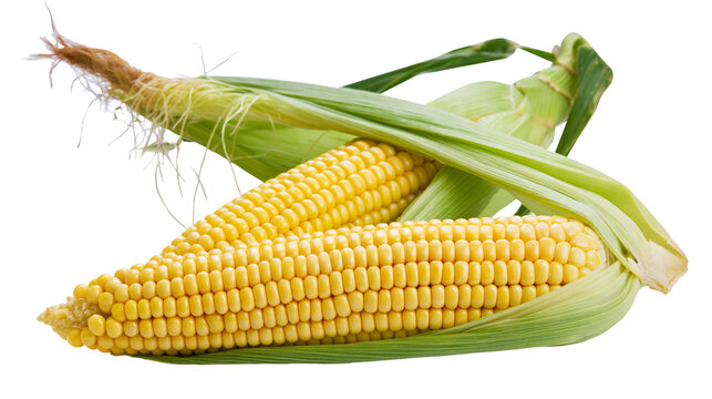 Two fresh yellow corn ears with green husks, isolated on transparent background