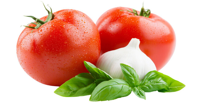Two ripe red tomatoes with water droplets fresh basil leaves and a garlic bulb, isolated on transparent background
