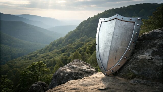 Brushed Metal Shield Standing Proudly on Mountain Cliff Edge