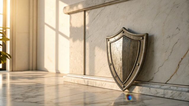 Brushed Nickel Shield Embedded in Smooth Marble Surface