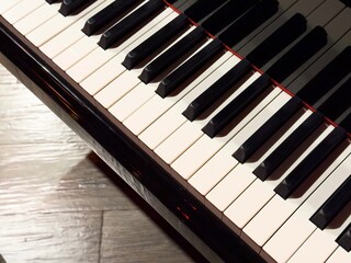 Vertical close-up of piano keys with copy space on wooden floor background for music education, concert, and art concepts. High quality © Karen Vardanian