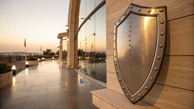 Brushed Stainless Steel Shield Near Modern Building Entrance