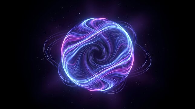 Glowing abstract energy sphere with swirling pink and blue neon light particles and cosmic dust creating a dynamic futuristic background.