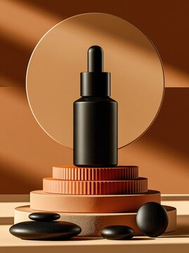 Elegant Black Dropper Bottle with Spa Stones and Geometric Staging for Skincare and Beauty Products