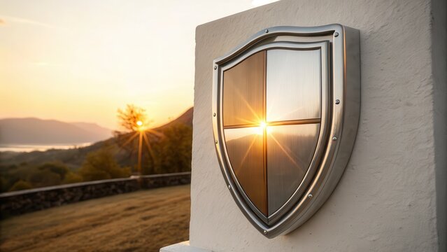 Brushed Steel Shield Crest Reflecting Golden Sunset Outdoors