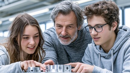 Fototapeta premium Experienced Engineer Mentoring Young Students Examining Precision Mechanical Component in Workshop