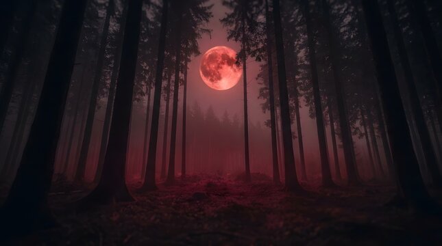A spooky dark forest landscape with a glowing red moon perfect for a happy halloween holiday background